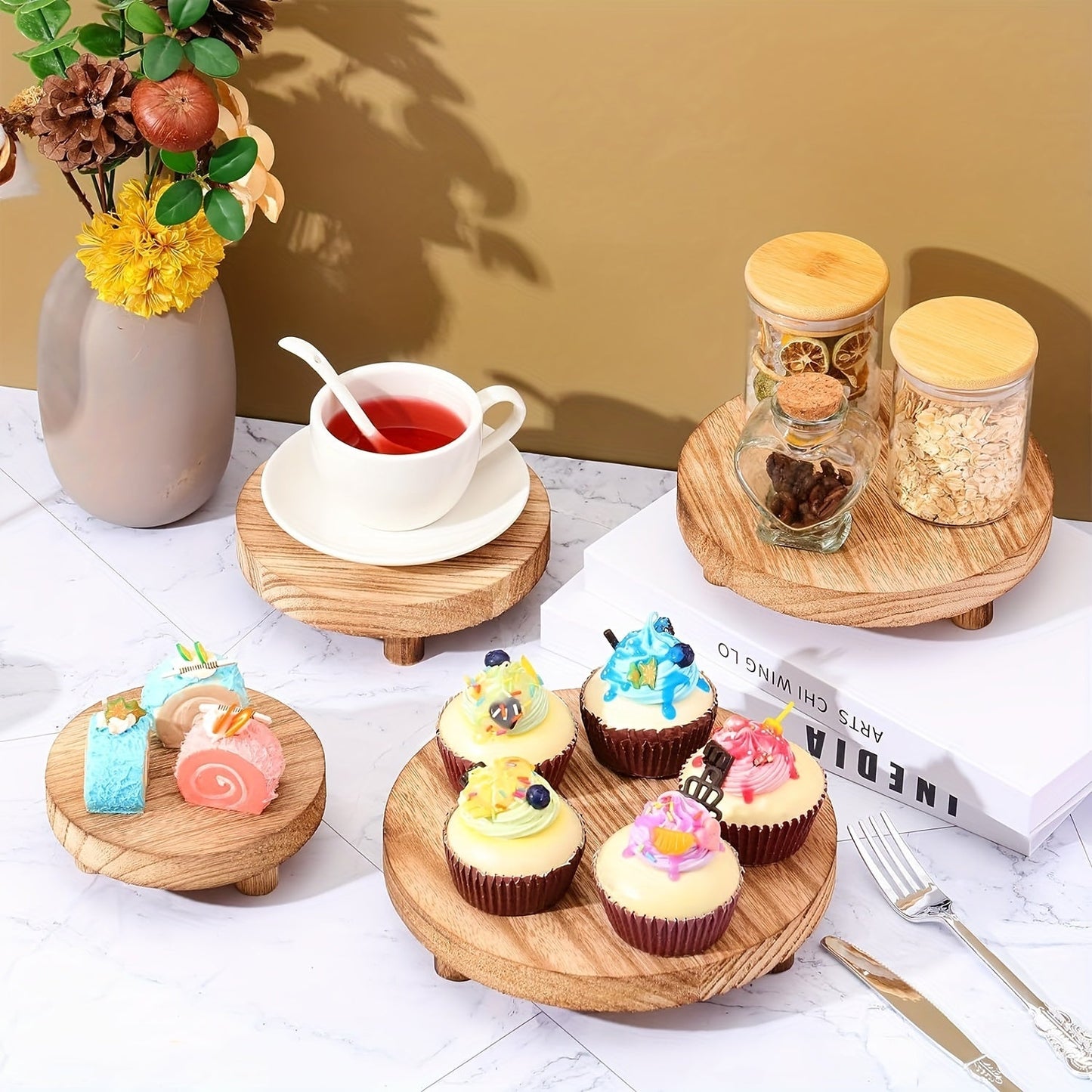 3PCS Wooden Display Risers โ Cake Stands and Pedestal Stands for Christmas, Valentine's Day, New Year โ Farmhouse Decor and Organizer for Home, Kitchen, Room