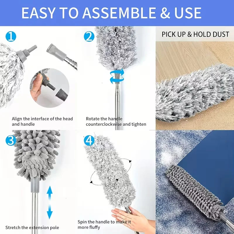 4-in-1 Extendable Microfiber Duster - Washable Bendable Feather Duster with 2.8-9.3 ft Stainless Steel Pole
