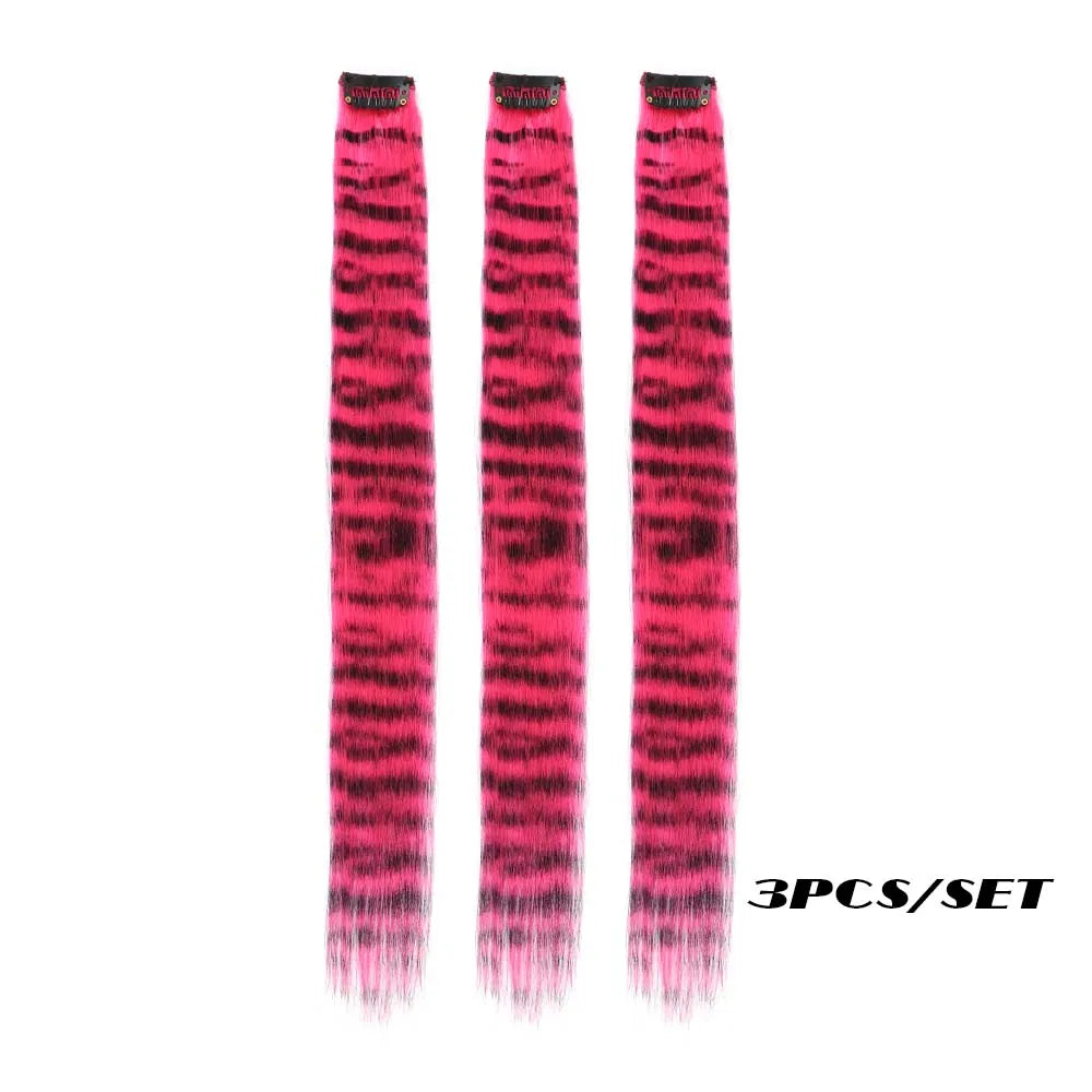 3-Piece Colorful Stripe Hair Extensions - Long Straight Synthetic Clip-In Hair Pieces for Parties & Halloween