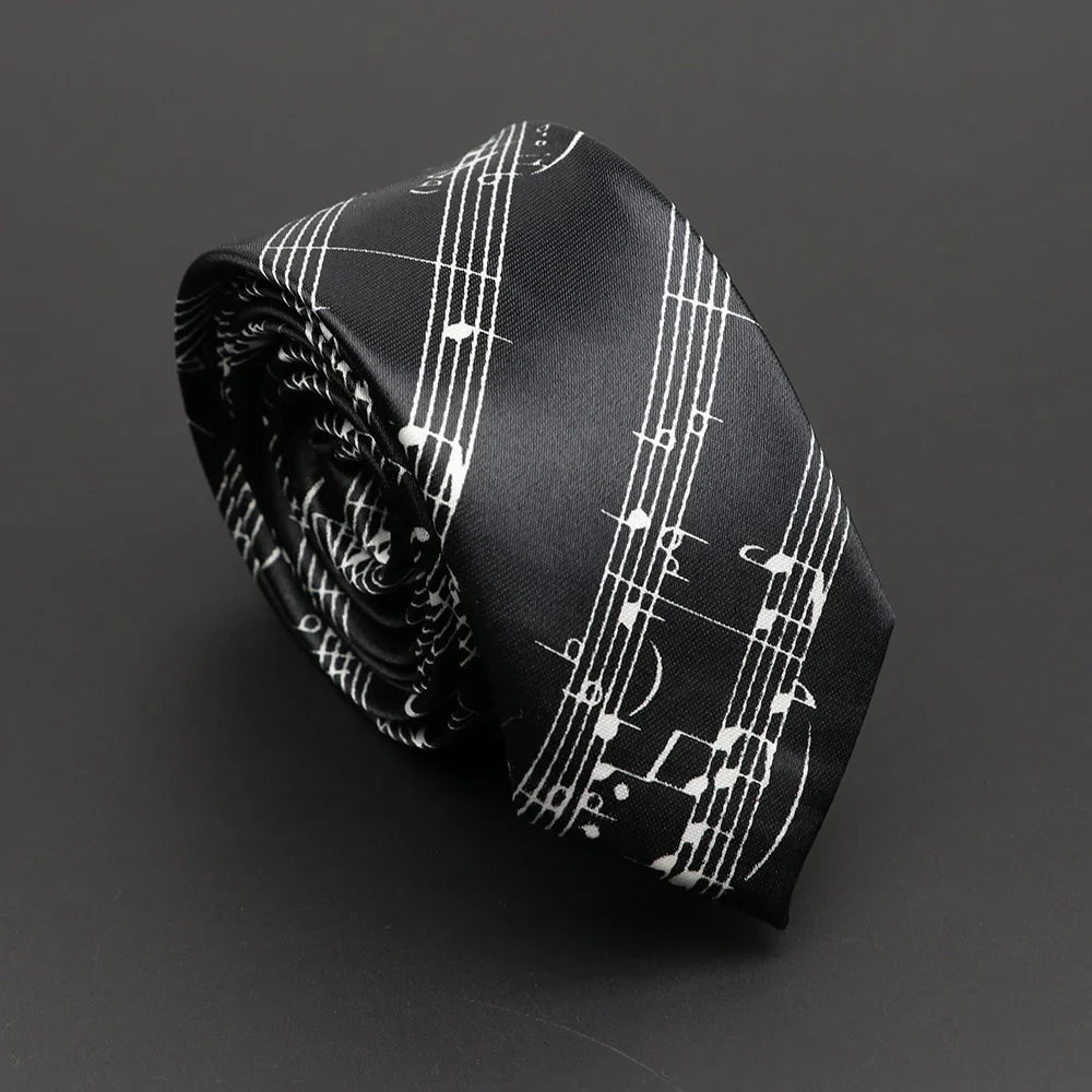 Musical Notes Slim Necktie - Silky Piano & Guitar Print Tie for Men & Women, Elegant Fashion Gift