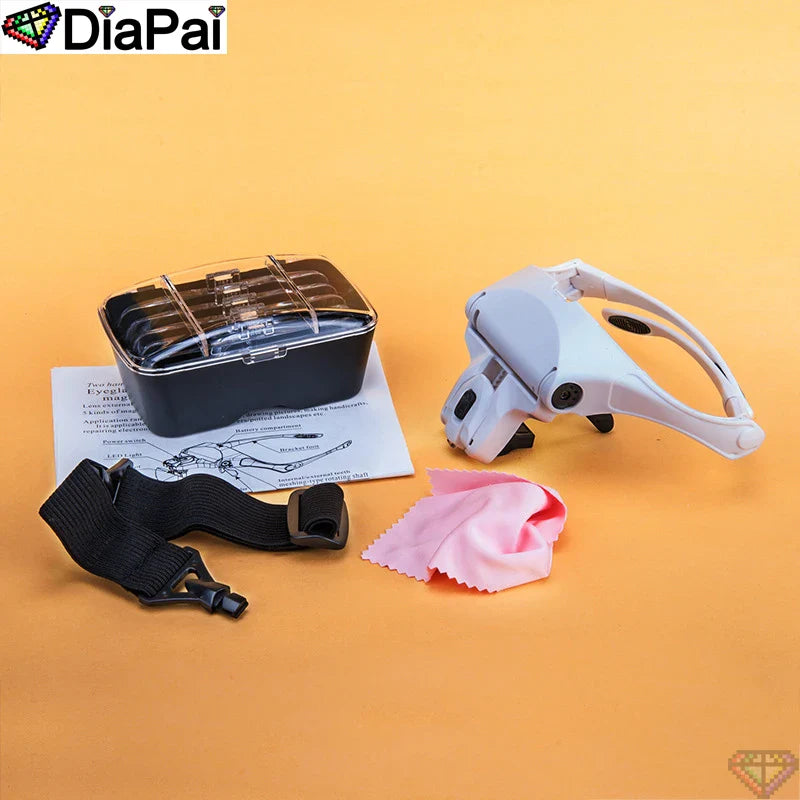 DIAPAI Adjustable 5-Lens Loupe Headband Magnifier with LED Light β Diamond Painting Embroidery Glasses