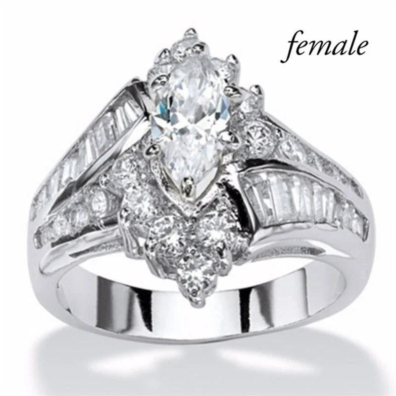 Couple CZ Crystal Rings Set - Marquise Cut Stainless Steel Love Rings with Two Row Zircon Design for Men & Women