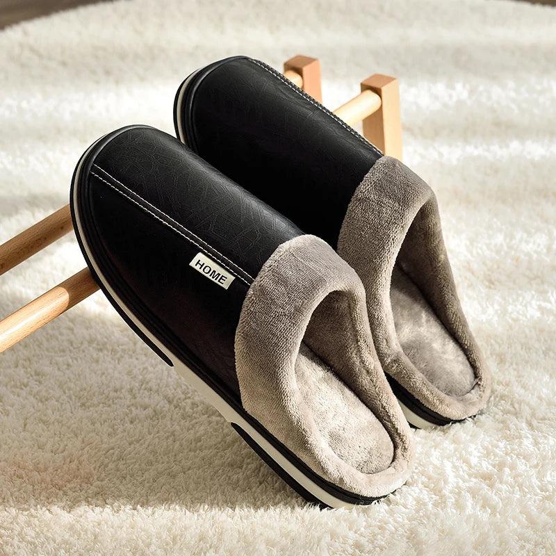Men’s Large Size Winter Slippers — Waterproof PU Leather Indoor Home Shoes with Fur Cotton, Flat Bedroom Slippers