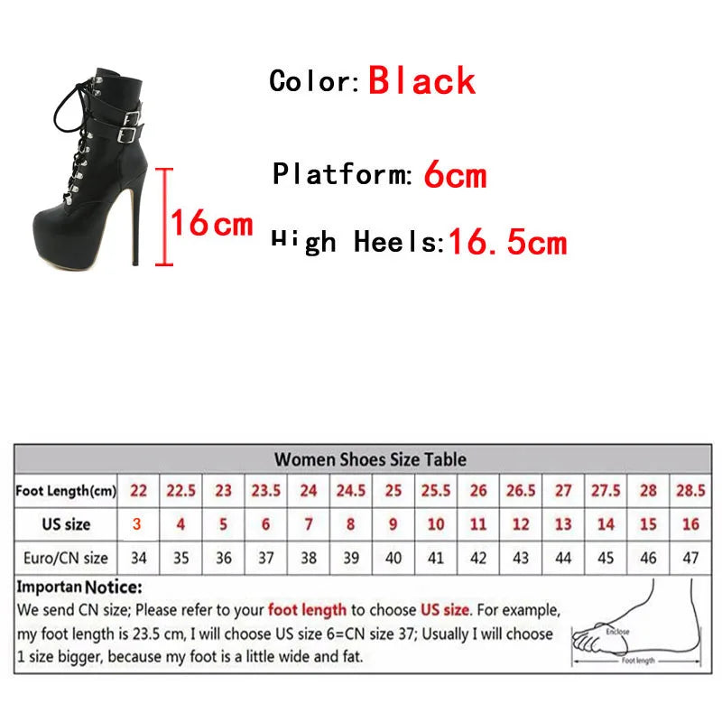 Women’s 16.5CM Extreme Platform Boots - Buckle Strap Round Toe Lace-Up Party Club High Heels