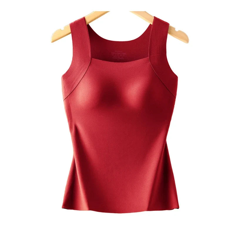 Women’s Plus Size Thermal Vest with Built-In Bra - Seamless Square Neck Skin-Friendly Shaping Tank Top
