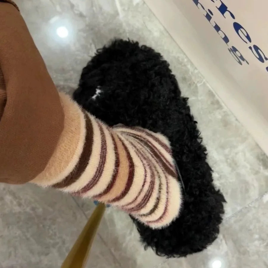 Cartoon Cow Mink Velvet Socks โ Cute Cloud Plush Medium Tube Winter Socks for Women, Soft Indoor Stockings