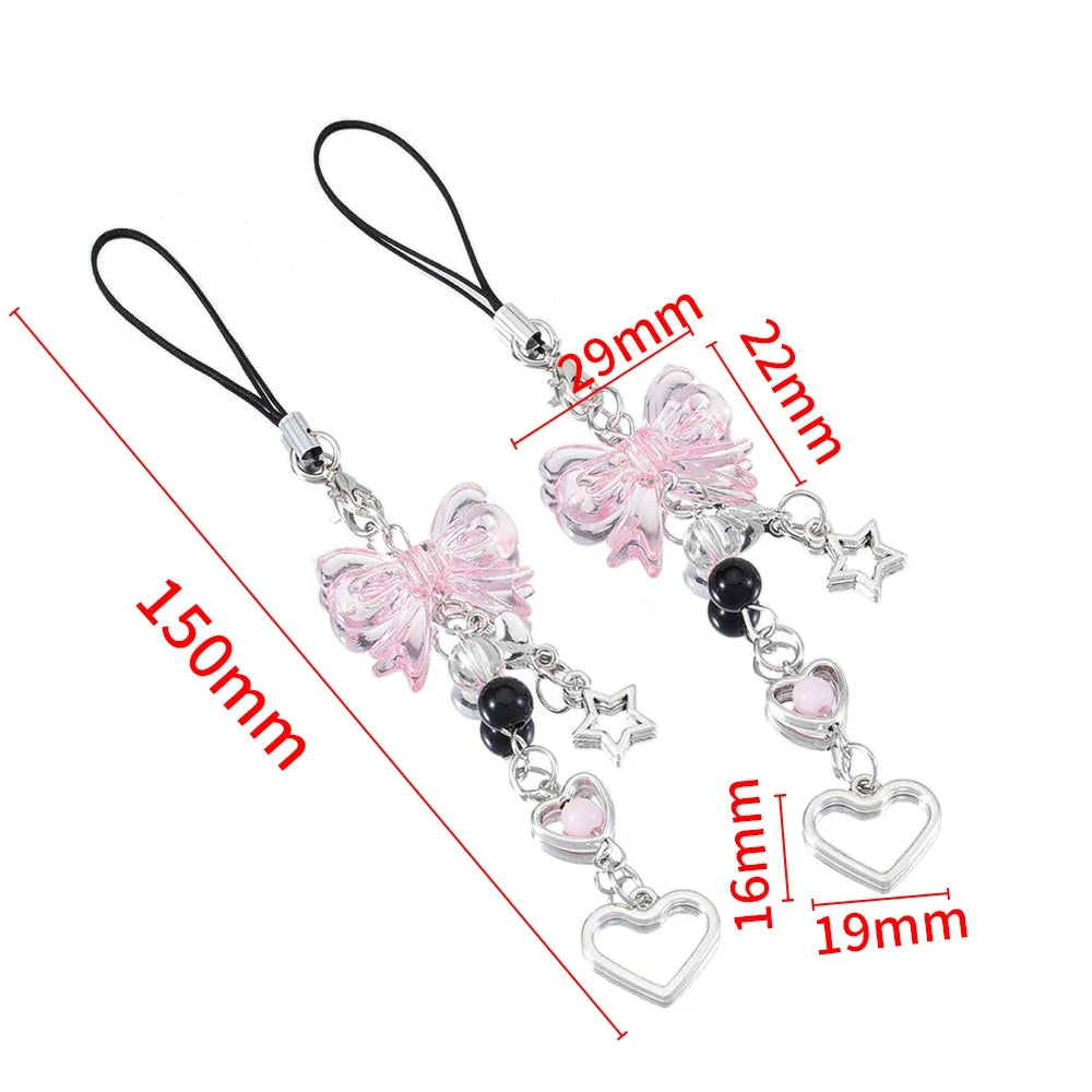 Y2K Bow Heart Star Phone Charm - Kawaii Goth Keychain Pendant for Bags & Cute Accessories