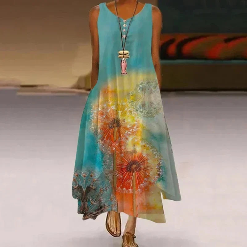 Women’s Dandelion Print Maxi Dress - Sleeveless Casual Summer Long Dress for Stylish Everyday Wear