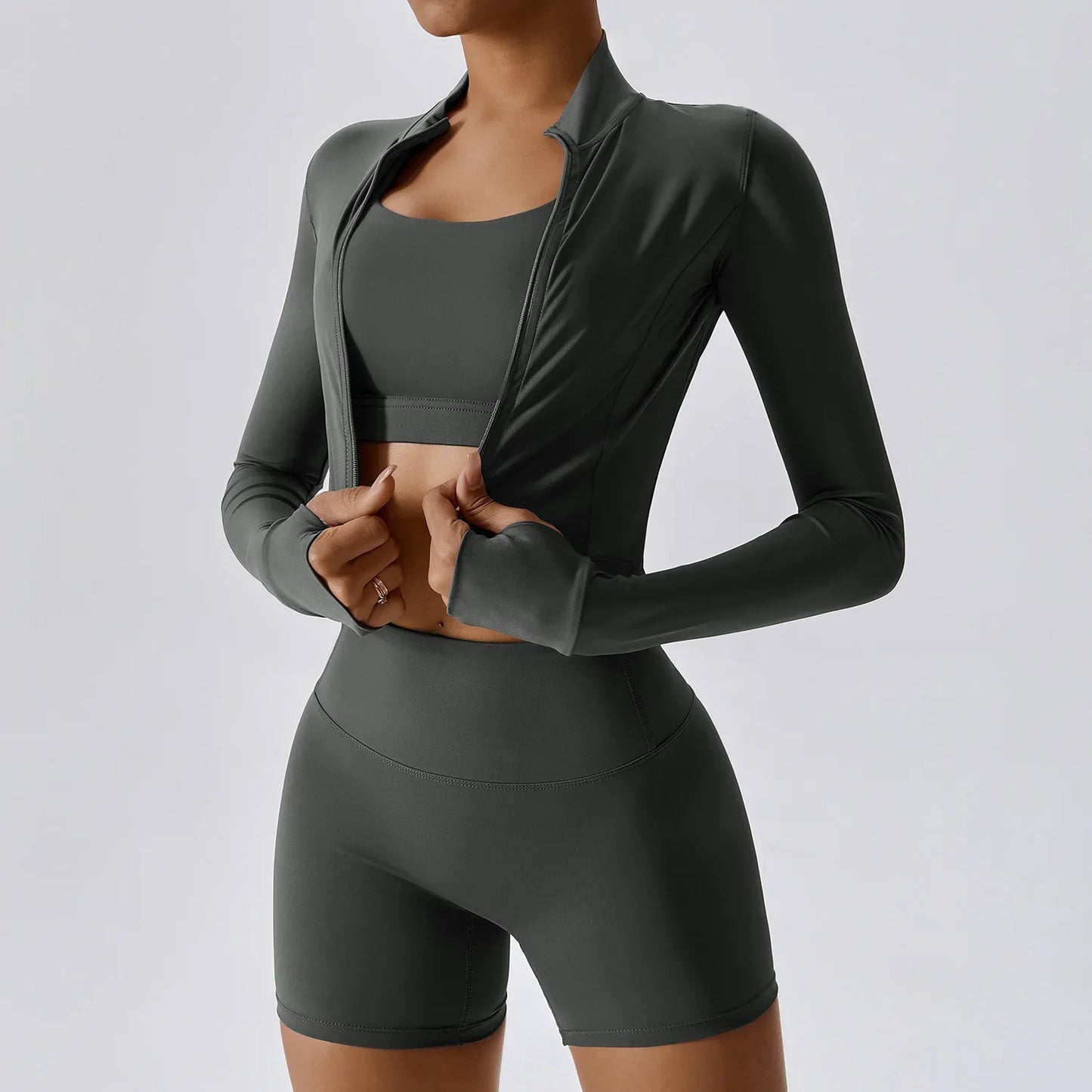 3PCS Women’s Yoga & Workout Set – Long Sleeve Zipper Top with High Waist Leggings Fitness Sportswear