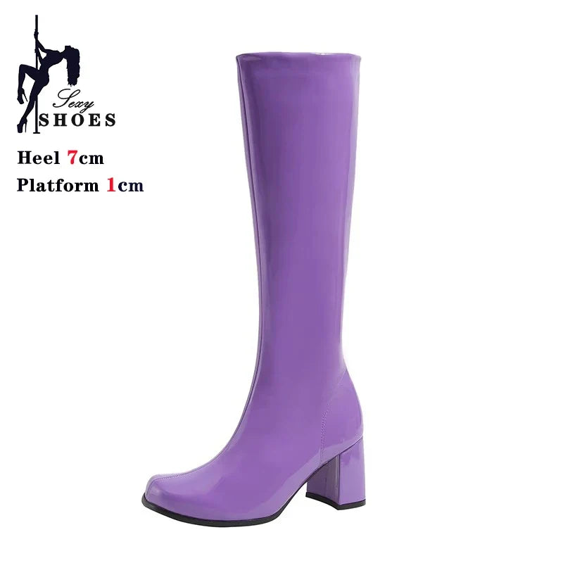 Women’s 7cm Retro Gogo Boots - 60s 70s Knee-High Square Heel Party Boots with Zip Size 44-45
