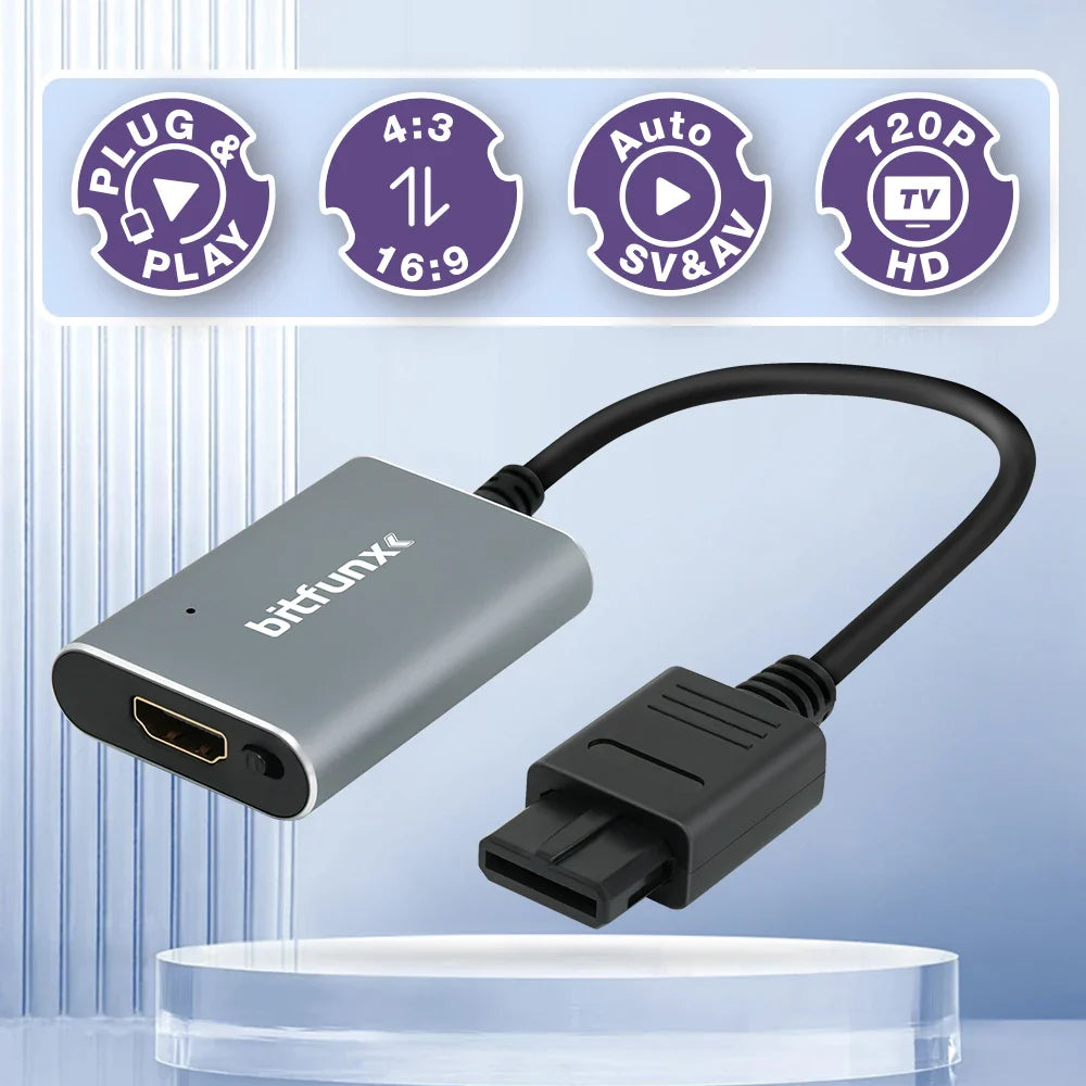 Bitfunx 720P HDMI Adapter – S-Video & AV to HDTV Converter for N64, SNES, SFC, NGC, NTSC & PAL Consoles