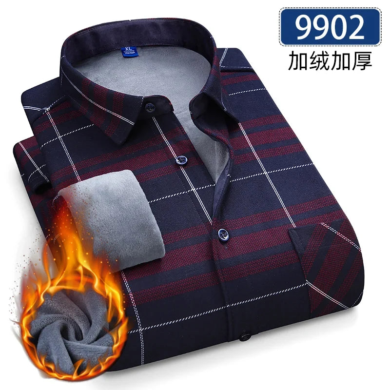 Men’s Fleece Plaid Shirt - Warm Thick Long Sleeve Business Check Shirt with Single Pocket for Autumn & Winter