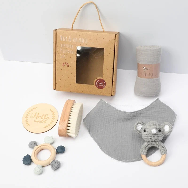 Newborn Baby Bath Gift Set - Cotton Blanket, Saliva Towel, Rattle Toy & Soft Brush Kit