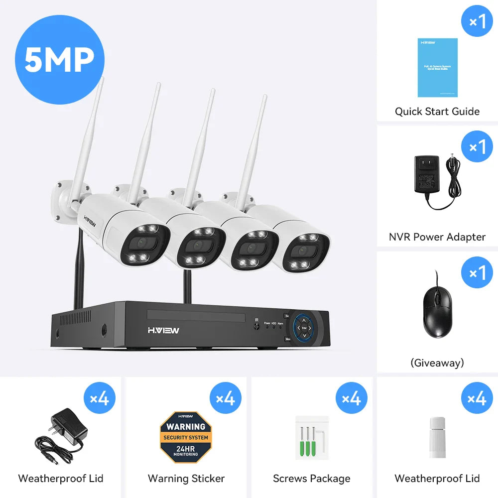 H.View 8CH 5MP Wireless WiFi Security Camera System — CCTV NVR Kit with Indoor/Outdoor Cameras & Two-Way Audio XMEye
