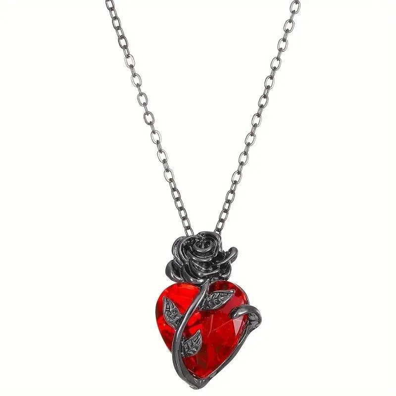 Gothic Rose Love Necklace - Y2K Grunge Style Silver Tone Human Heart Pendant Jewelry Gift for Women