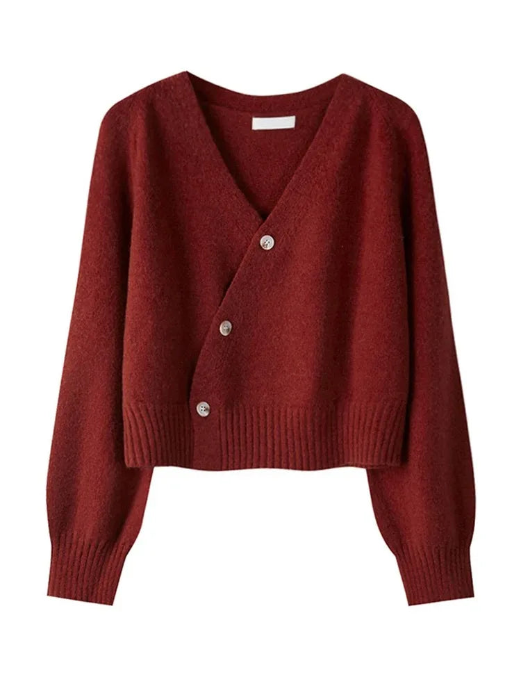 Korean Women's Autumn Winter Knitted Cardigan โ Diagonal V-Neck Long Sleeve Single-Breasted Sweater