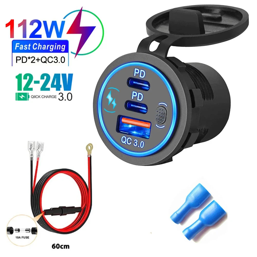 78W Dual USB C Car Charger Socket - PD3.0 & QC3.0 Fast Charging Adapter with LED Touch Switch for 12V/24V Vehicles