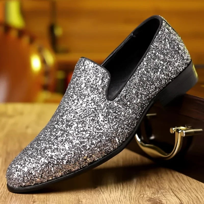 Men’s Luxury Sequin Loafers - Gold & Silver Formal Slip-On Wedding and Party Shoes