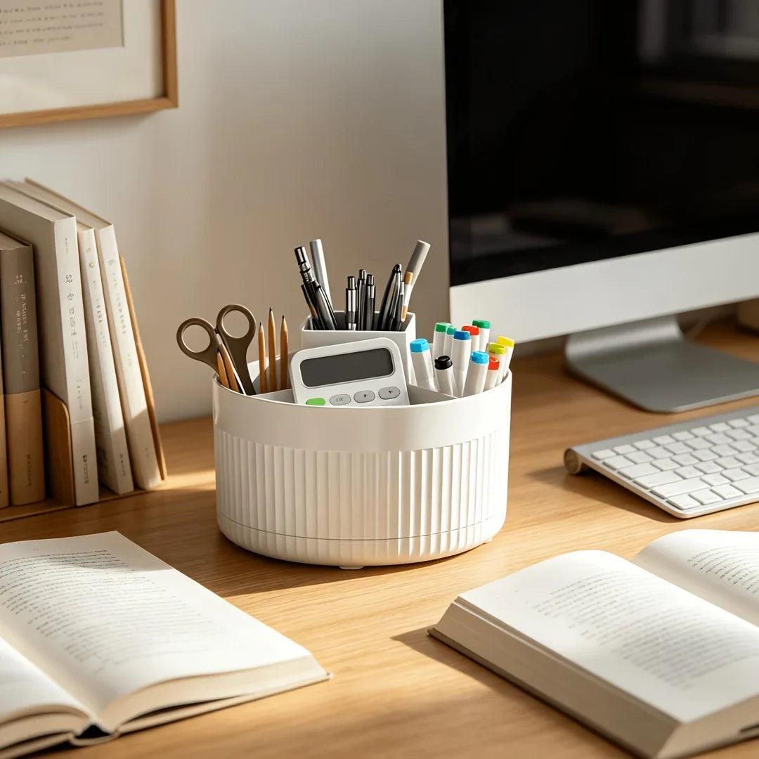 360° Rotating Pen Holder - 5 Compartment Large Capacity Desk Organizer for Pens, Rulers & Office Storage