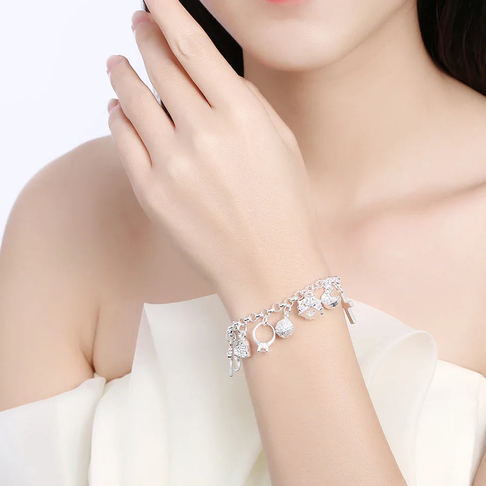 KCRLP 925 Sterling Silver Zircon Heart Key Pendant Bracelet - Fashion Jewelry for Women, 20cm, Perfect for Parties and Wedding Gifts