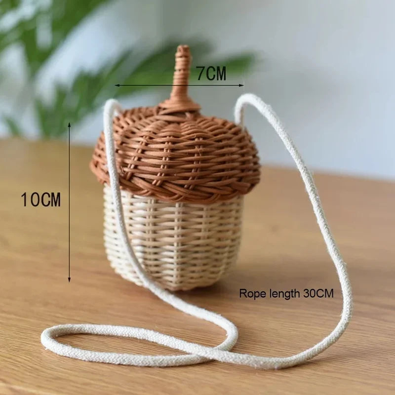 Acorn-Shaped Rattan Storage Basket - Handwoven Round Beach Style Shoulder Bag