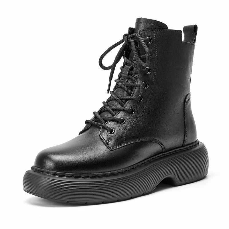 BeauToday Women’s Leather Ankle Boots - Platform Cow Leather Shoes with Side Zipper, Lace-Up Detail & Handmade Finish
