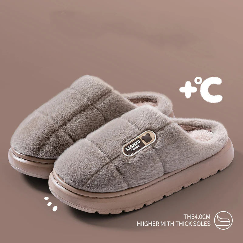 Large Size 50-51 Winter Slippers — Thick Sole Indoor Cotton Slippers for Men & Women, Warm Non-Slip Platform Shoes