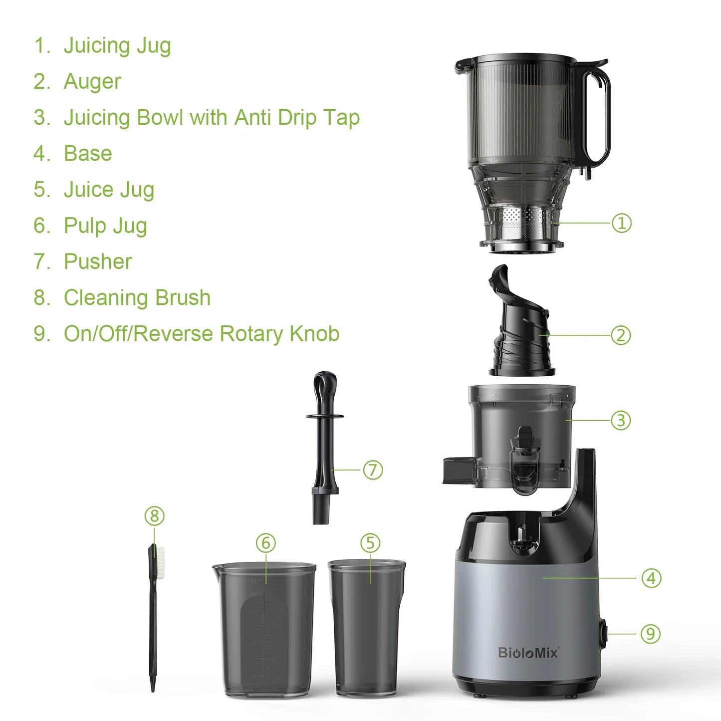 BioloMix Cold Press Juicer — 130mm Feed Chute, Whole Fruit & Vegetable Slow Masticating Juicer, High Yield BPA-Free