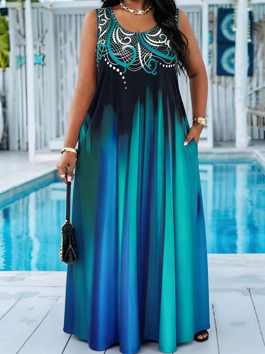 Plus Size Teal Blue Maxi Dress - Gradient Print Sleeveless Casual Sundress with Pocket