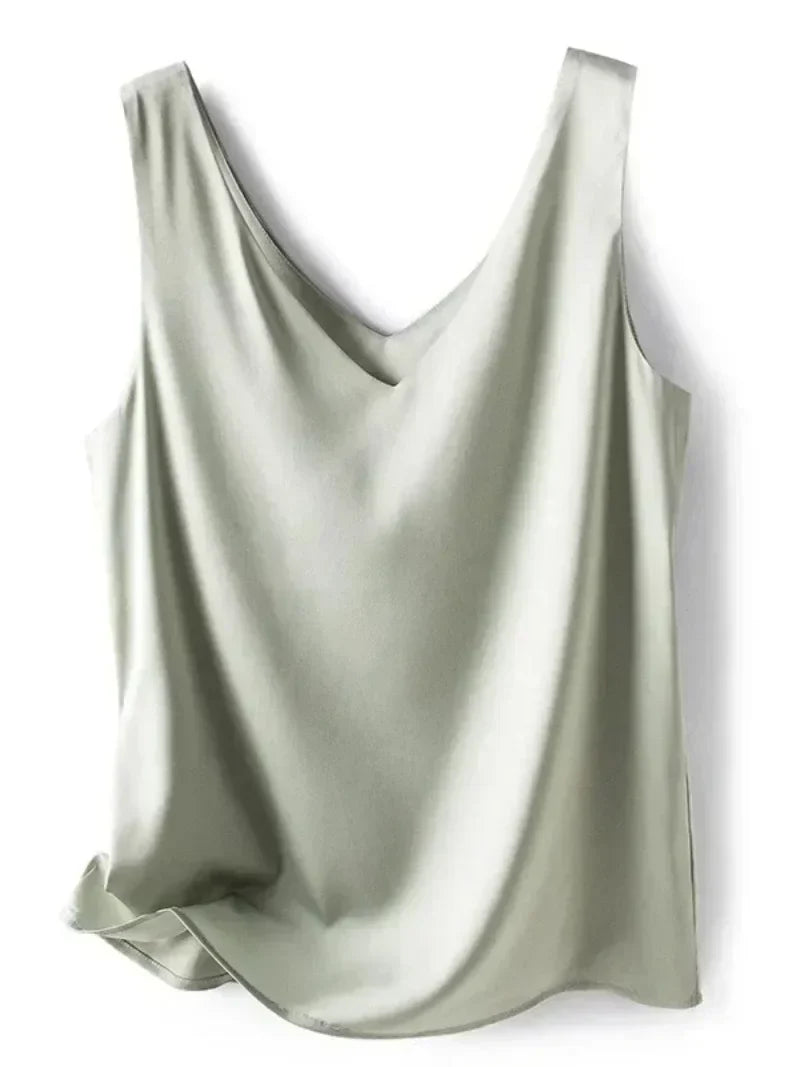 Women's V Neck Satin Silk Top - Sleeveless Acetic Acid Blouse for Elegant Summer Fashion