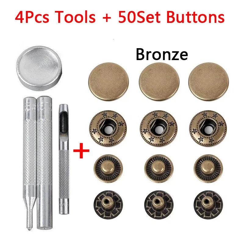50 Sets Leather Snap Fasteners Kit β 10mm/12mm/15mm Metal Press Studs with 4 Tools for DIY Clothes & Crafts