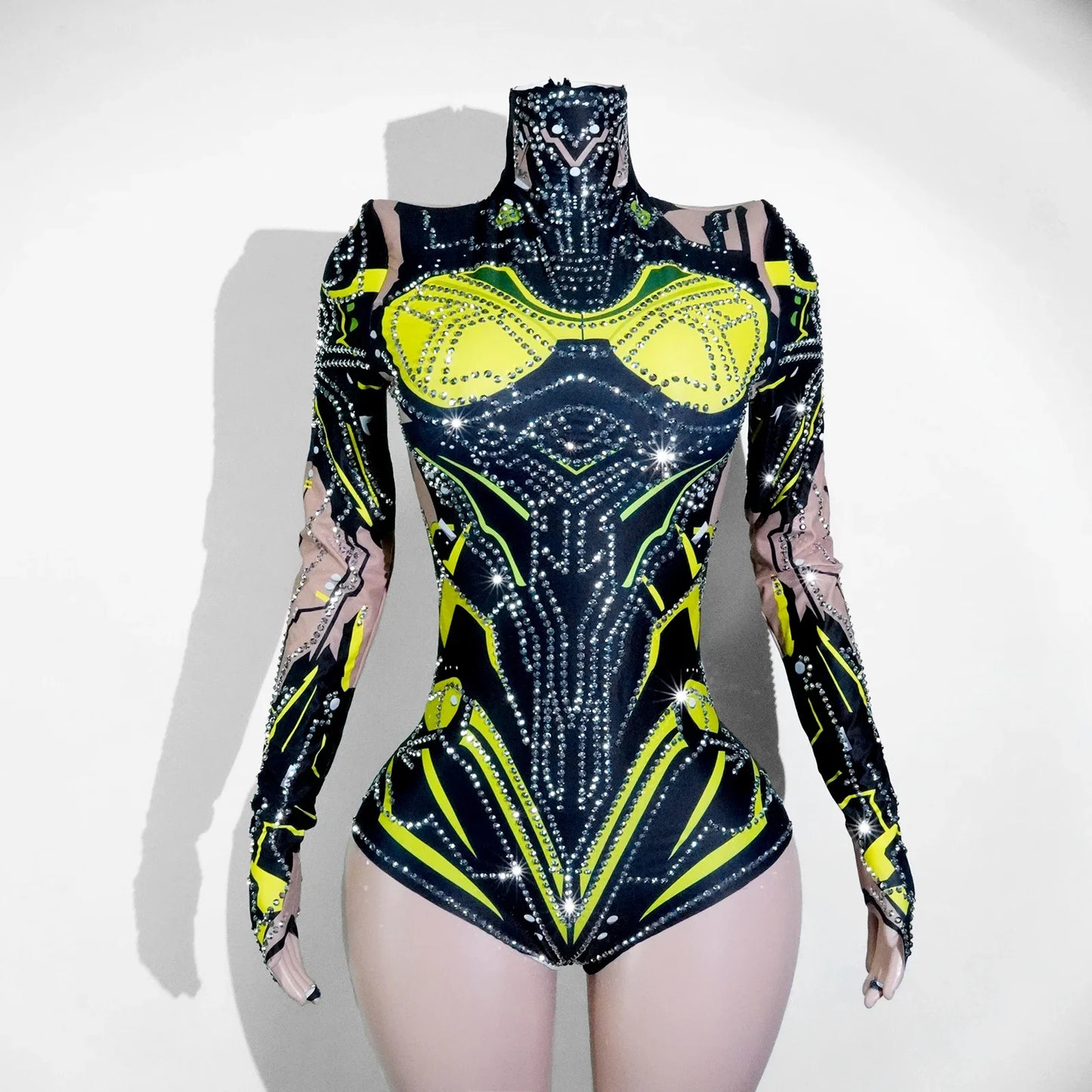 Sexy Sparkly Green Rhinestone Bodysuit β Stage Dance Costume for Party, Bar Show, Drag Queen, Cosplay & Halloween