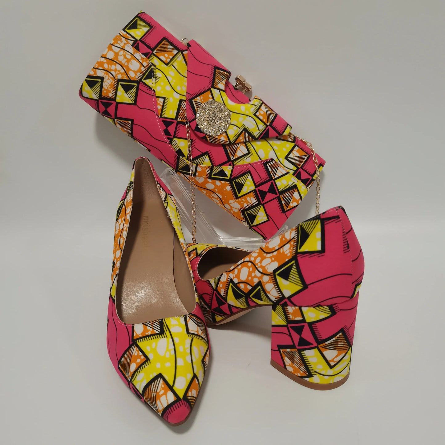 African Kente Print Women’s Shoe & Purse Set - Ankara Wax Print High Heels for Parties, Sizes 37-42