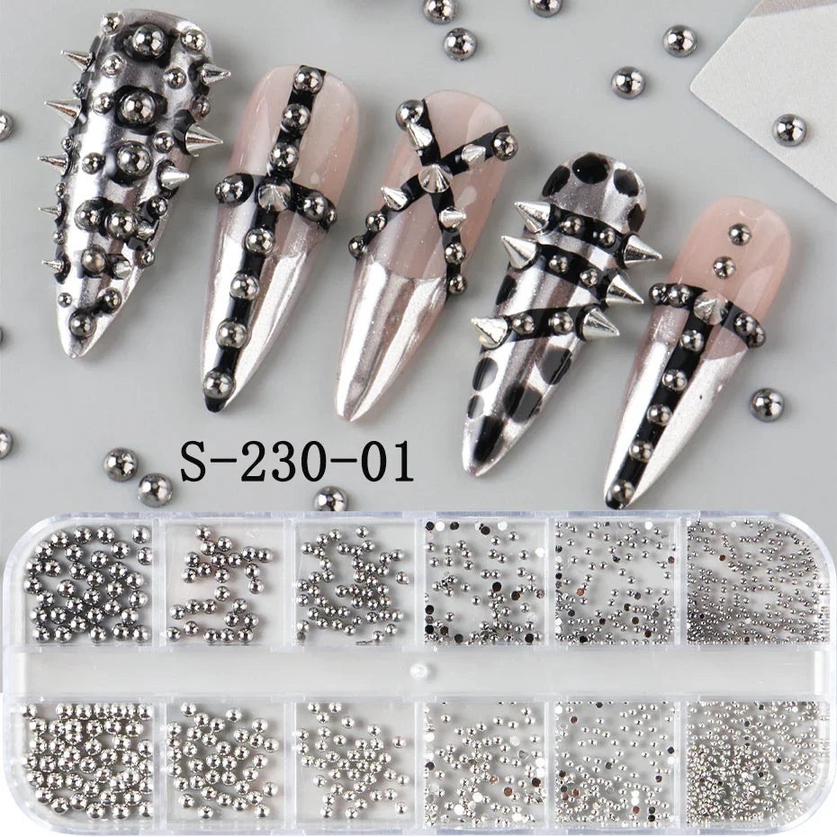 12-Grid Gothic Nail Charms - Silver Punk Metal Studs Rivets Y2K Grunge DIY Nail Art Decorations
