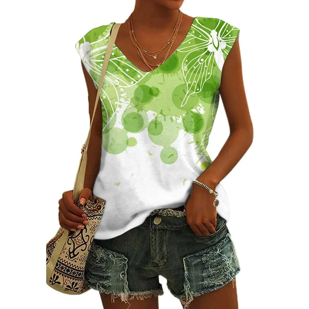 Women’s Floral Print T-Shirt - V Neck Cap Sleeve Loose Fit Summer Beach Top with Breathable Casual Style