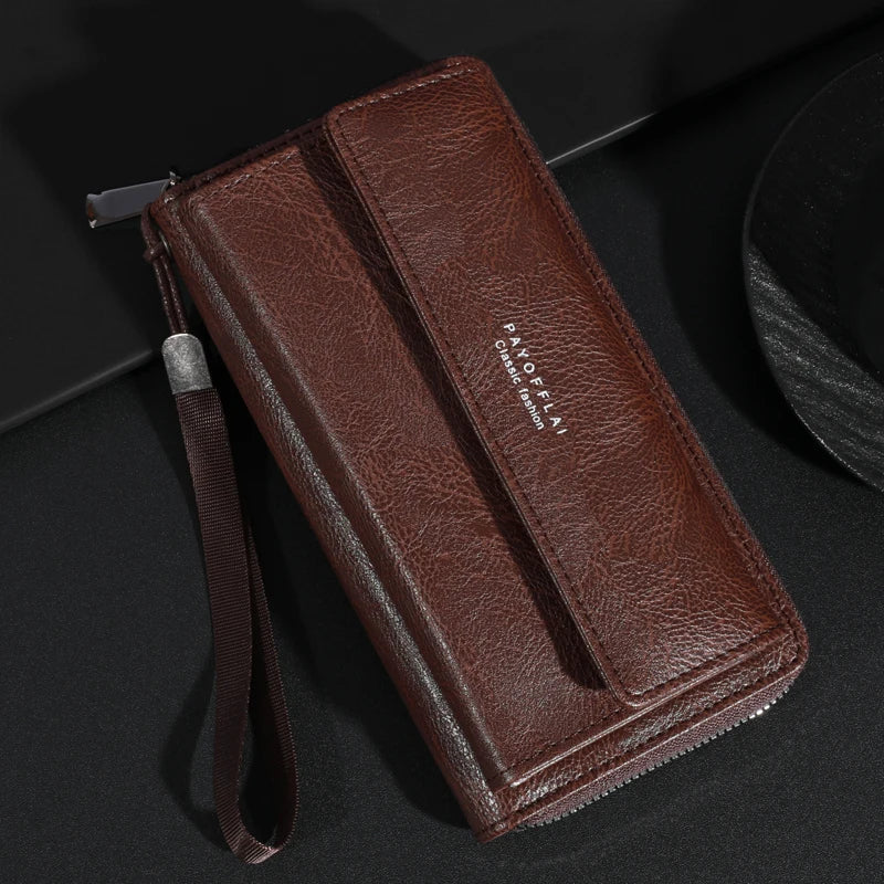 Men's PU Leather Zipper Wallet β Large Capacity Clutch Bag with Phone Holder, Card Slots & Coin Pocket