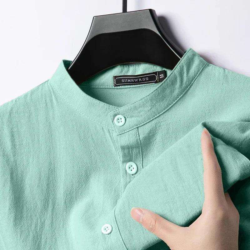 Men’s Linen Cotton Shirt - Lightweight Long Sleeve Henley Beachwear Hawaiian Style Breathable Top