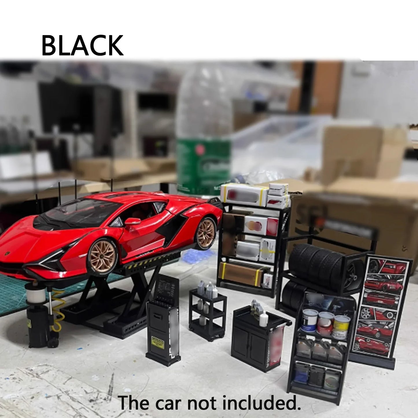1:18 Car Model Repair Shop Diorama – 9-Piece Modification Parts Set for Collectors & Hobbyists with DIY Tools