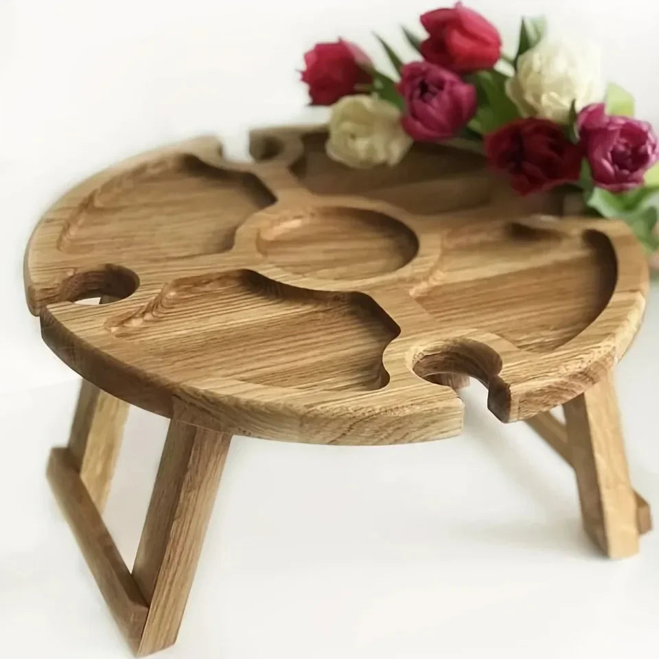 Wooden Folding Picnic Table – Round Foldable Desk with Wine Glass Rack, Portable Snack Table for Outdoor Camp