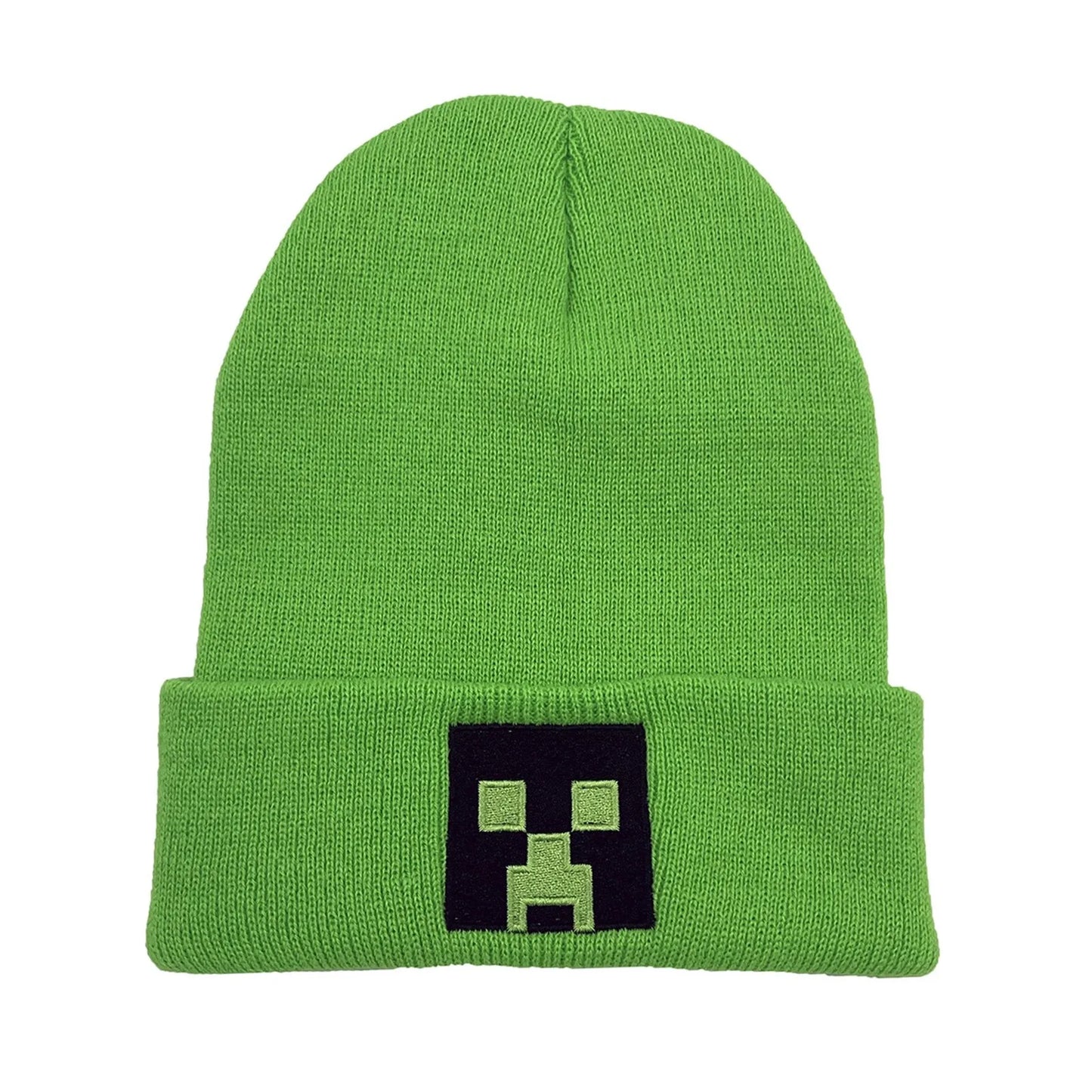 Unisex Black Knit Beanie Hat โ Embroidered Green Face Design, Warm Winter Cap for Men & Women