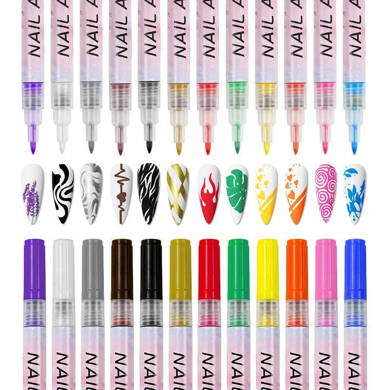 12-Piece Colorful Waterproof Nail Art Pens β DIY 3D Manicure Drawing Pens for Abstract Line Painting and Nail Design