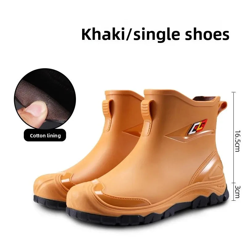 Men’s Ankle-High Fleece-Lined Rain Boots – Waterproof, Anti-Slip, Wear-Resistant Work & Fishing Shoes