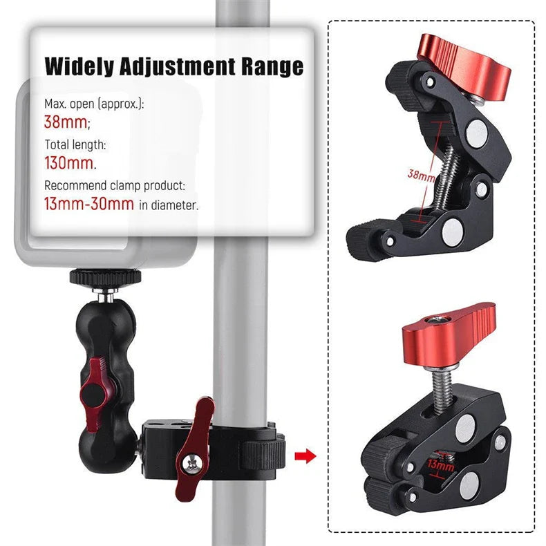 Super Clamp Camera Mount with 360° Ballhead, Double Ball Head Magic Arm Adapter for DSLR, GoPro, LED Lights, and Phone