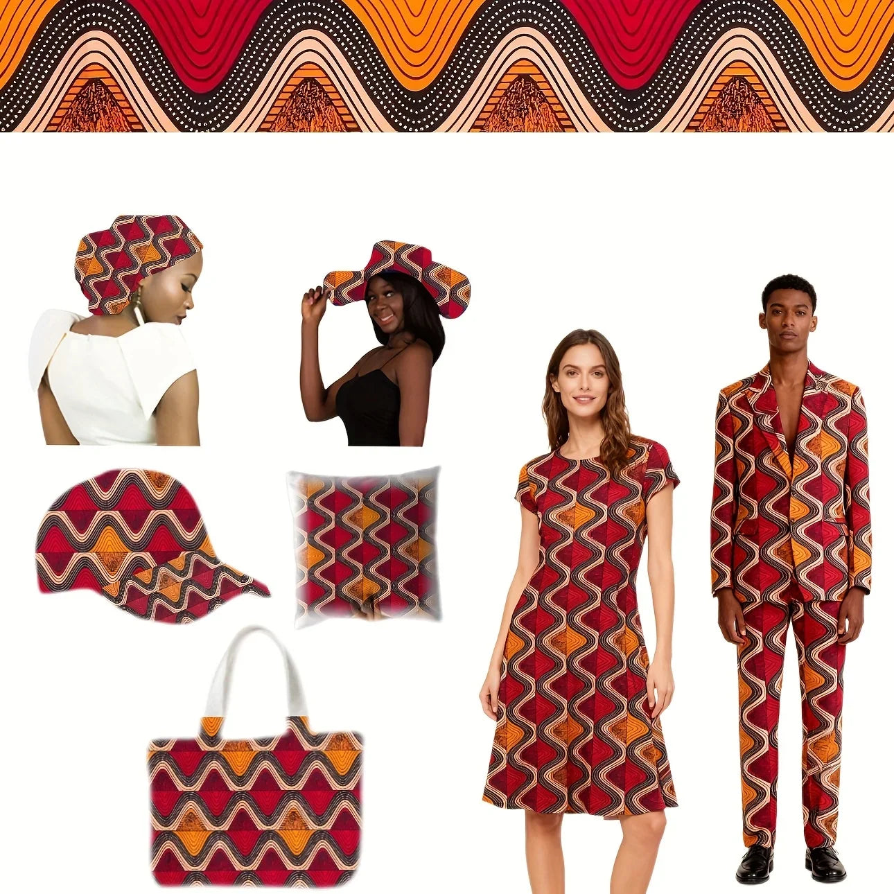6 Yards African Ankara Batik Fabric - Red Yellow Geometric Wave Polyester Sewing Material