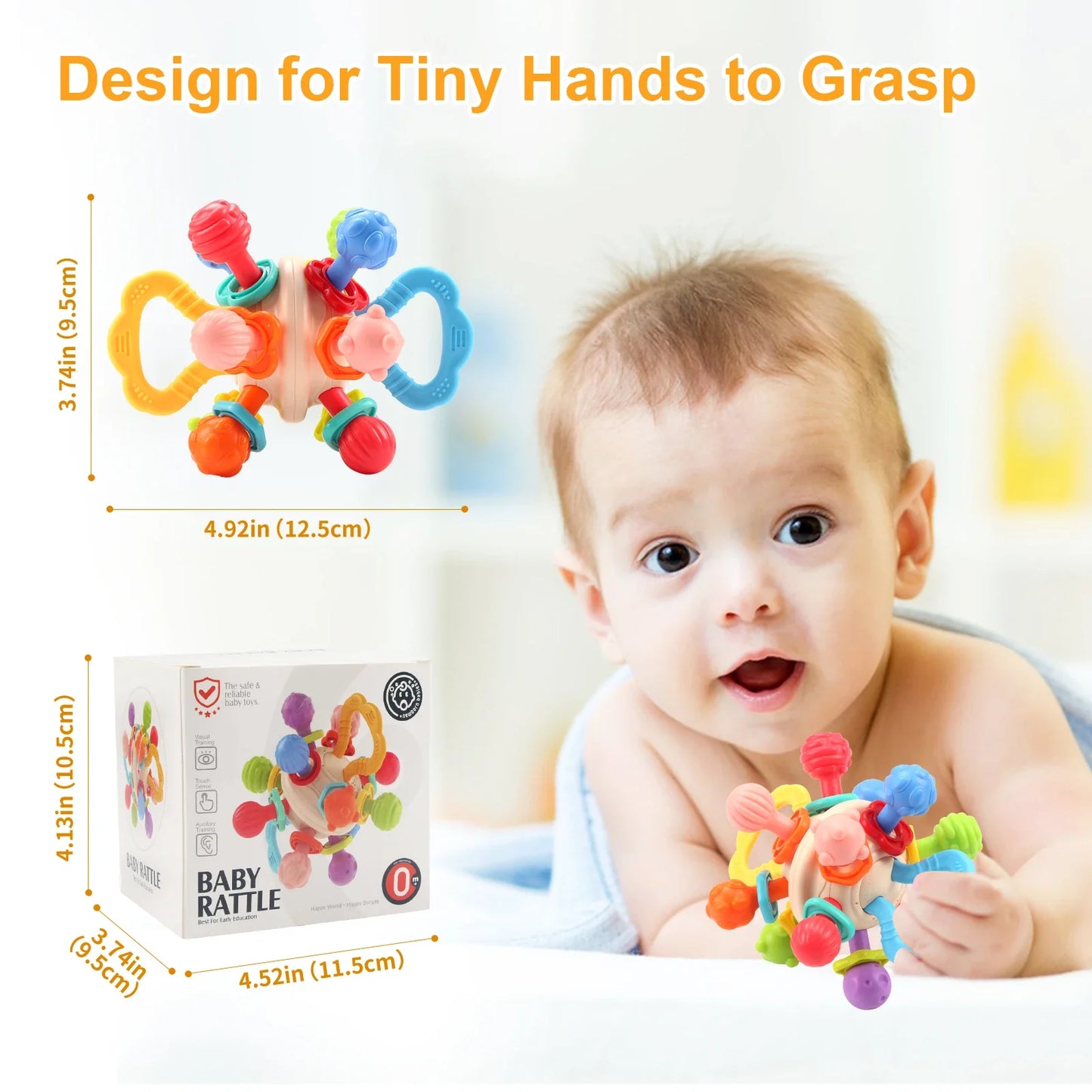 Soft Silicone Baby Rattle Ball Teether - Manhattan Round Hand Grab Toy for Infants 0M+ Teething Gift