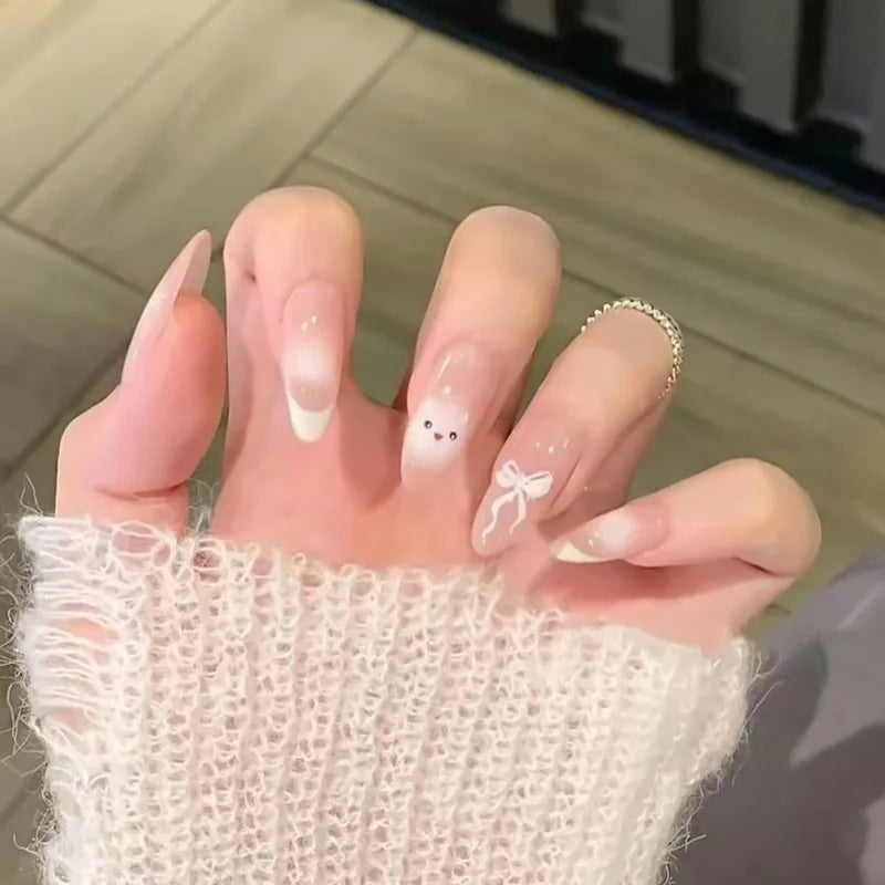 24pcs Goldfish Pattern Almond Press-On Nails – Simple Nude Pink Wearable Detachable False Nail Manicure Set