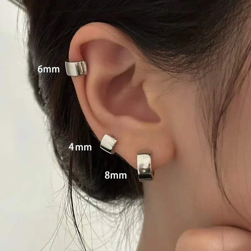 Classic Silver Hoop Earrings - Minimalist Wide Huggie Style Punk Jewelry for Women