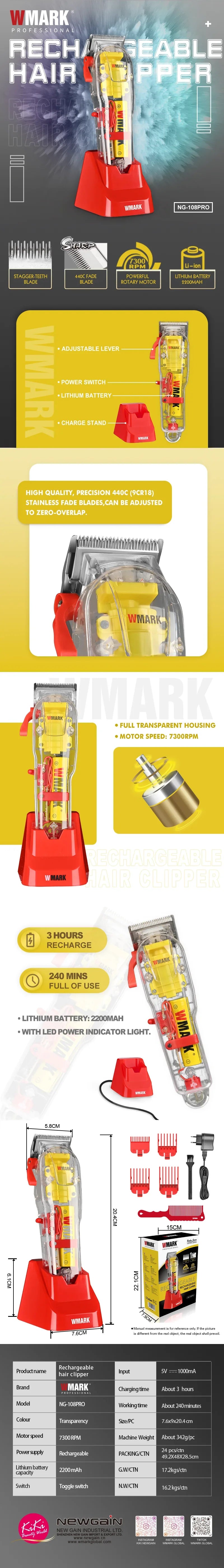 WMARK NG-108PRO Rechargeable Hair Clippers β 7300RPM Transparent Cover Trimmer with Red Base