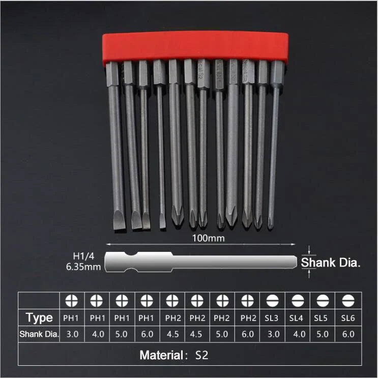 12Pcs 1/4 Inch Magnetic Screwdriver Bits - 50mm 75mm 100mm Long Power Tool Bit Set