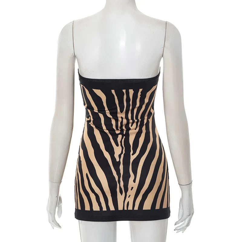 Zebra Stripe Strapless Mini Dress - Women's Backless A Line Bodycon Sleeveless Autumn Winter Outfit